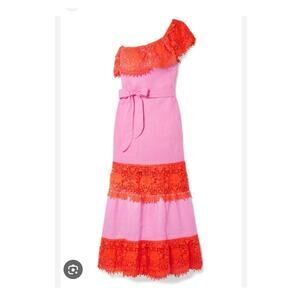 Miguelina Rezina One Shoulder Guipure Dress Size Small Linen Maxi Lace Trim